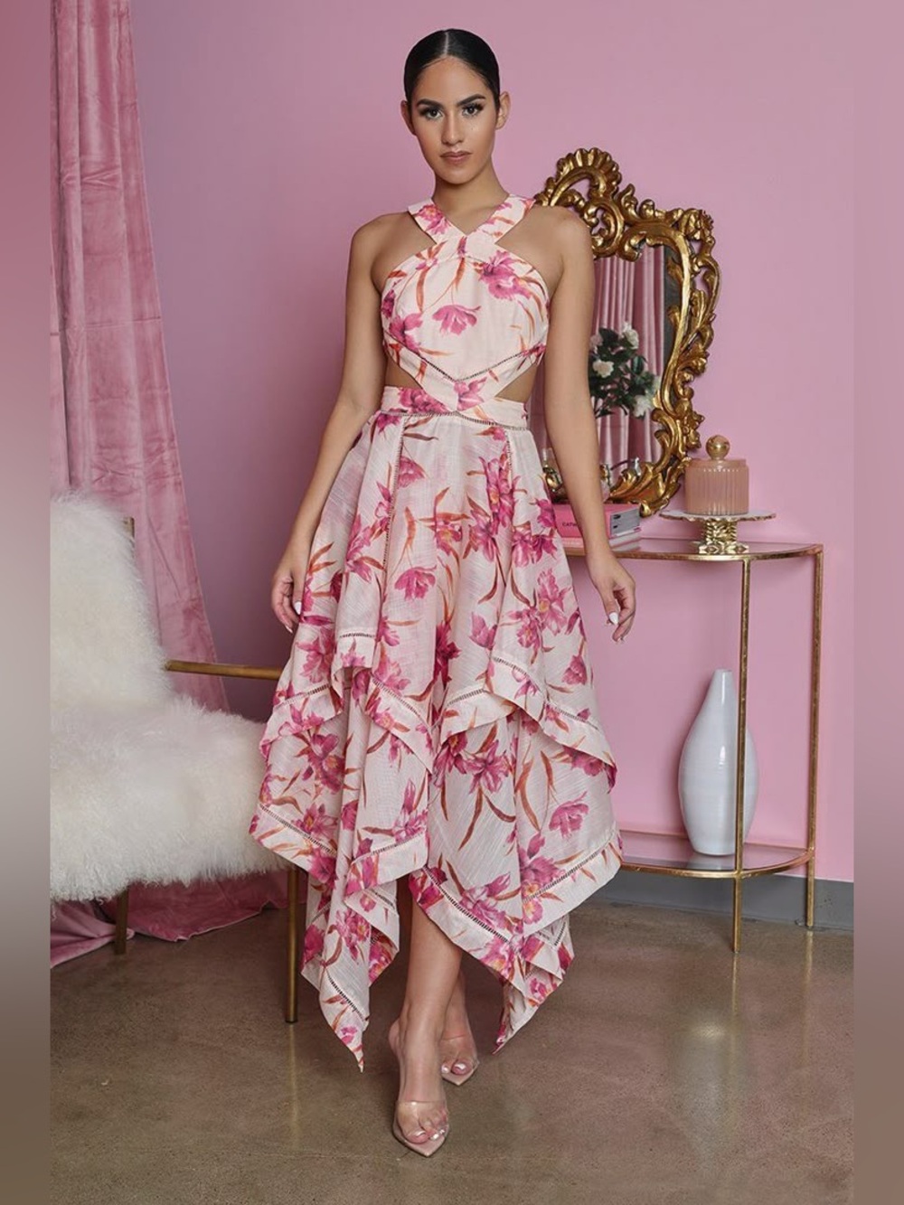 L'ATISTE Blush Pink Floral Handkerchief High-Low Halter Dress